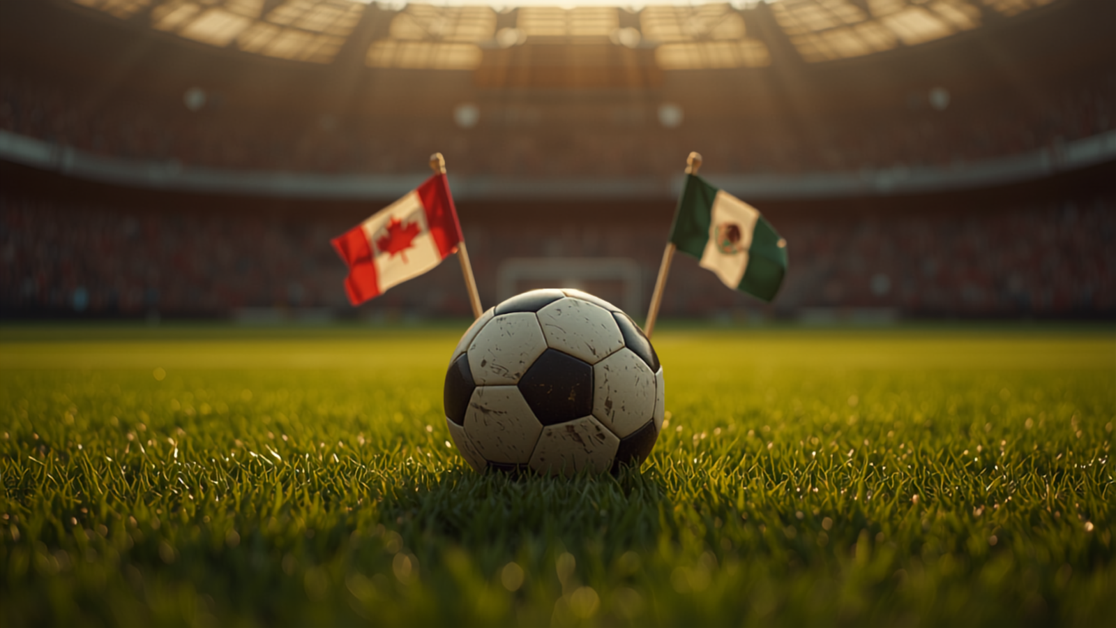 Soccer ball on a pitch with Canadian and Mexican flags, representing the three co-host nations of the FIFA World Cup 2026