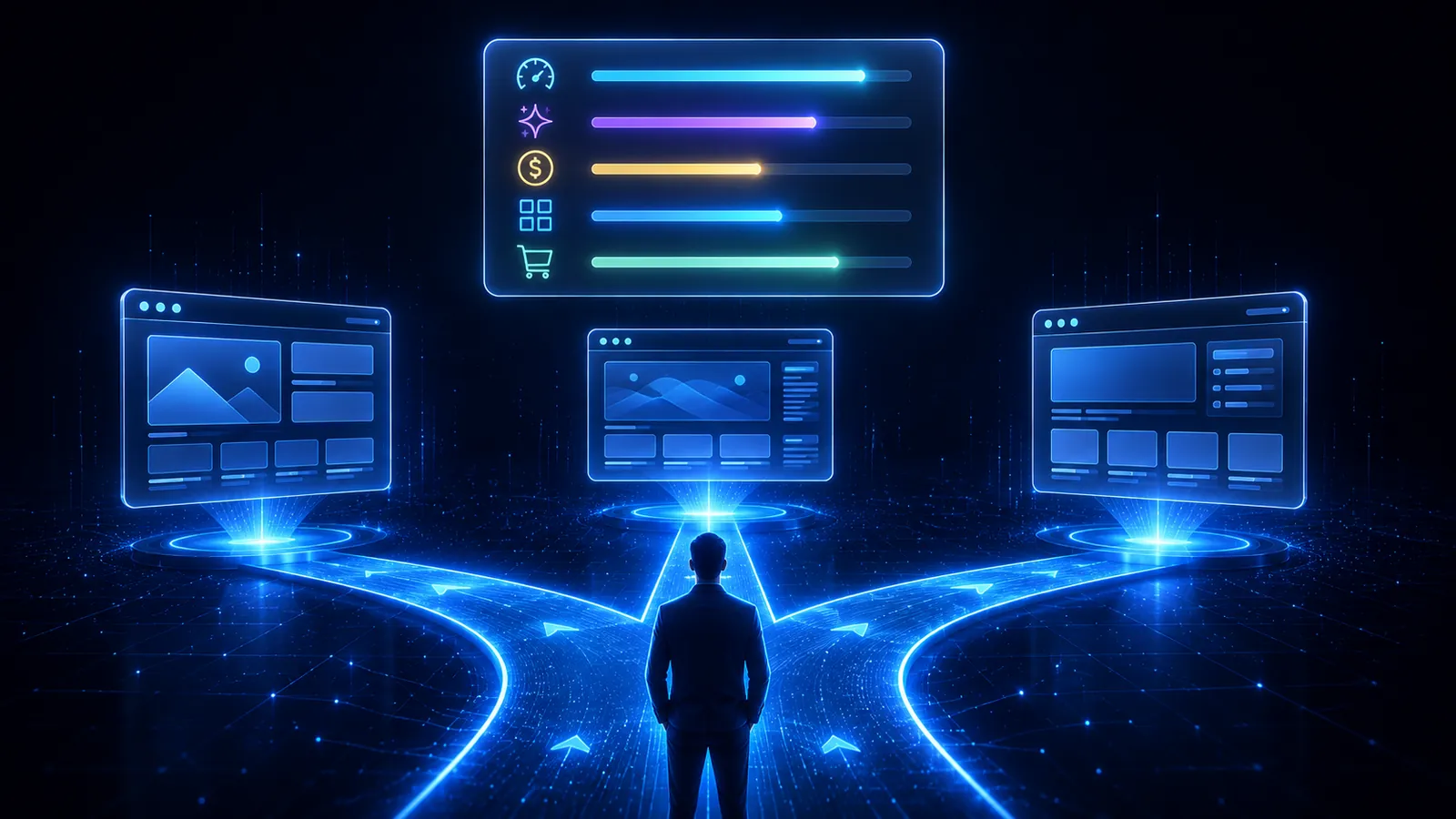 Person viewed from behind at a glowing digital crossroads comparing AI website builder options by ease of use, AI features, pricing, templates, and ecommerce