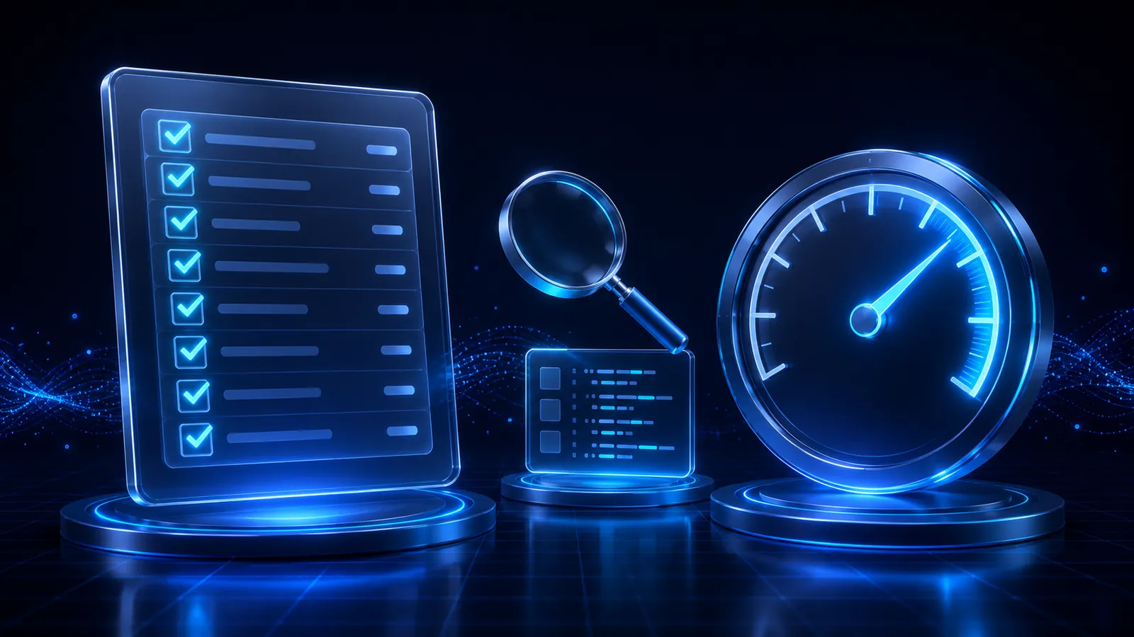 Checklist and speedometer icons representing website builder testing criteria