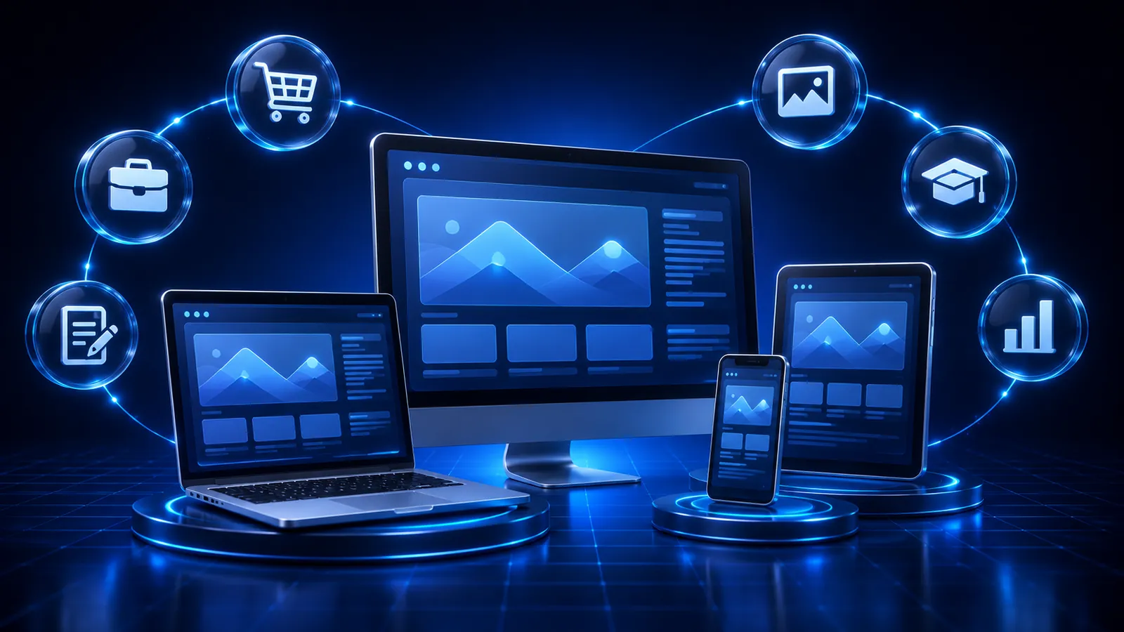 Website displayed responsively across desktop, laptop, tablet, and phone with floating icons for business, ecommerce, blog, portfolio, education, and analytics use cases