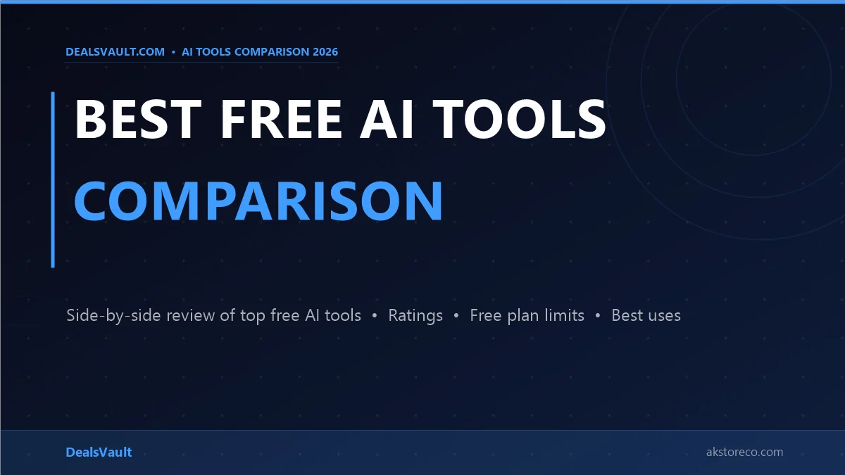 Comparison chart of the top 20 free AI tools in 2026 by category, free plan, and rating